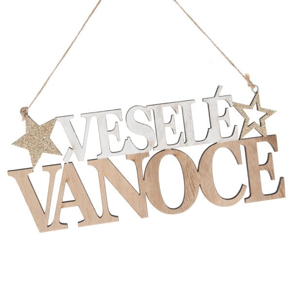 Dekorace Veselé Vánoce 12,2cm závěsná dřevo - Domácnost a úklid Zima + Vánoce