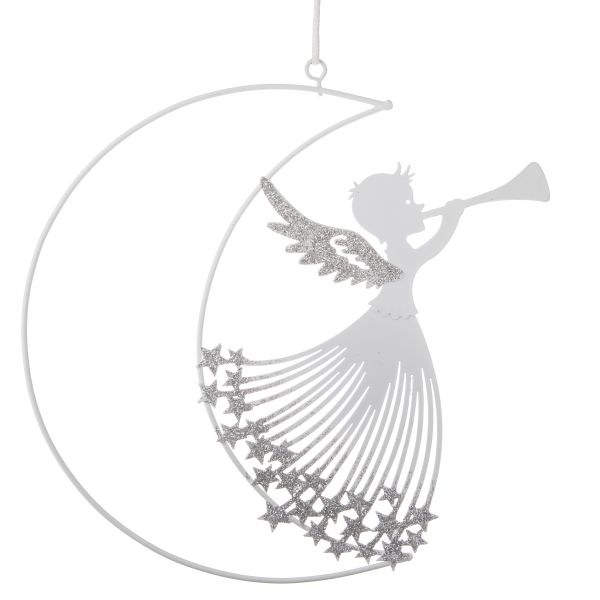 Dekorace Anděl na Měsíci 21cm bílý,kov - Domácnost a úklid Vánoce