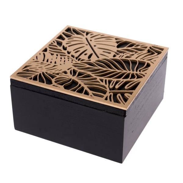 Krabička Listy zlaté 15x15x8cm, dřevo