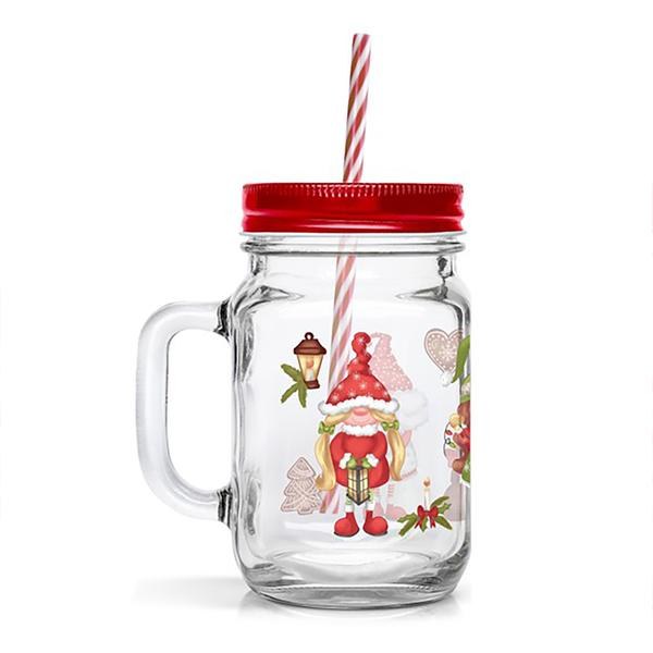 Sklenice+víčko s brčkem 450ml Elfíci,sklo Sklenice+víčko s brčkem 450ml Elfíci,sklo - Domácnost a úklid Zima + Vánoce