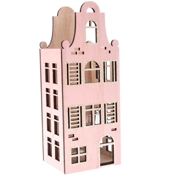 Svícen Domek 10x26cm růžový dřevo Svícen Domek 10x26cm růžový dřevo - Domácnost a úklid Zima + Vánoce
