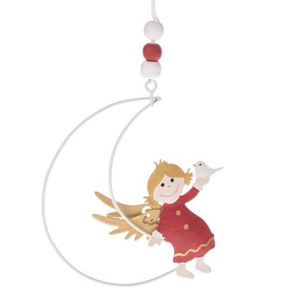 Andílek závěs.na měsíci 13cm červený,kov - Domácnost a úklid Vánoce