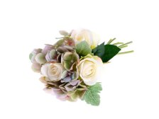 Kytice hortenzií 28cm bílo/fialová