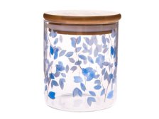 Dóza+víko 440ml/8,5x9,8cm Modré lístky sklo/bambus
