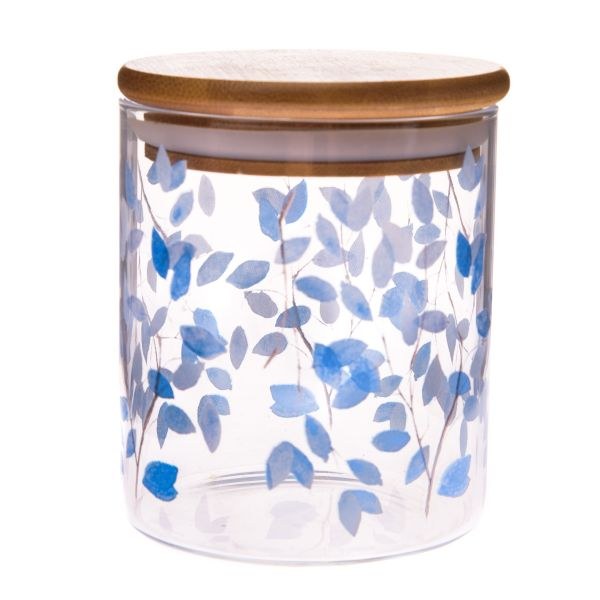 Dóza+víko 440ml/8,5x9,8cm Modré lístky sklo/bambus Dóza+víko 440ml/8,5x9,8cm Modré lístky sklo/bambus - Kuchyně skladování a zavařování potravin a nápojů