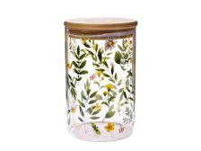 Dóza+víko 840ml/14x9,5cm Luční květy sklo/bambus