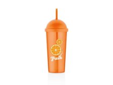 Kelímek s víčkem+brčko 700ml oranžový,plast