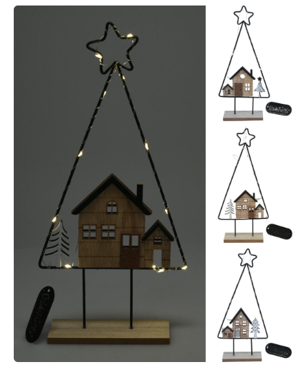 Strom s domečkem 10LED 39cm mix tvarů, kov/dřevo Strom s domečkem 10LED 39cm mix tvarů, kov/dřevo - Domácnost a úklid Zima + Vánoce