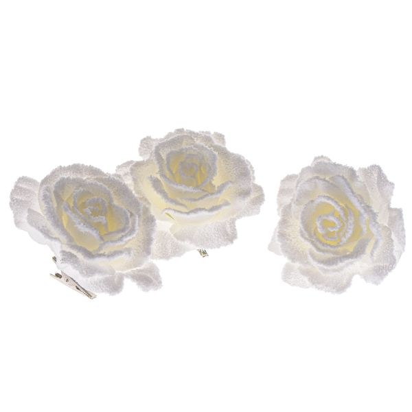 Květ růže 8cm/3ks s klipem bílý, plast Květ růže 8cm/3ks s klipem bílý, plast - Domácnost a úklid Zima + Vánoce