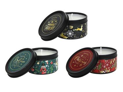 Svíčka vonná v plechové dóze 6,5x4cm, vánoční motiv/mix barev - Domácnost a úklid Zima + Vánoce