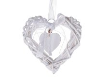 Srdce se srdíčkem 15cm bílé, proutí/dřevo