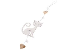Kočka závěsná 8,5x37cm bílá, kov/dřevo