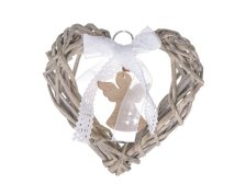 Srdce 15cm s andělem natur, proutí/dřevo