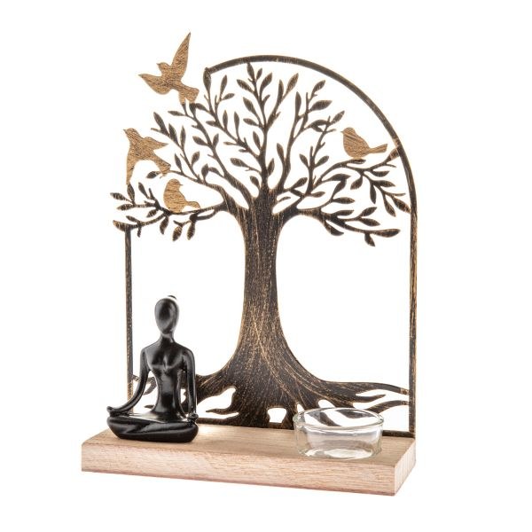 Svícen Buddha u stromu 17x23,5cm dřevo/kov - Domácnost a úklid bytové dekorace, textilní doplňky