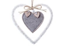 Srdce závěs.16cm bílo-šedé, textilní