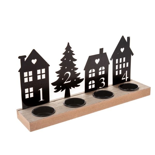 Svícen adventní 30cm Domečky dřevo/kov Svícen adventní 30cm Domečky dřevo/kov - Domácnost a úklid Zima + Vánoce