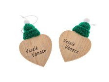 Sada srdíček 2ks Veselé Vánoce s čepičkou, dřevo