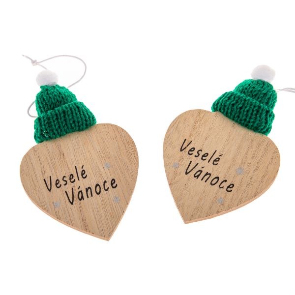 Sada srdíček 2ks Veselé Vánoce s čepičkou, dřevo Sada srdíček 2ks Veselé Vánoce s čepičkou, dřevo - Domácnost a úklid Zima + Vánoce