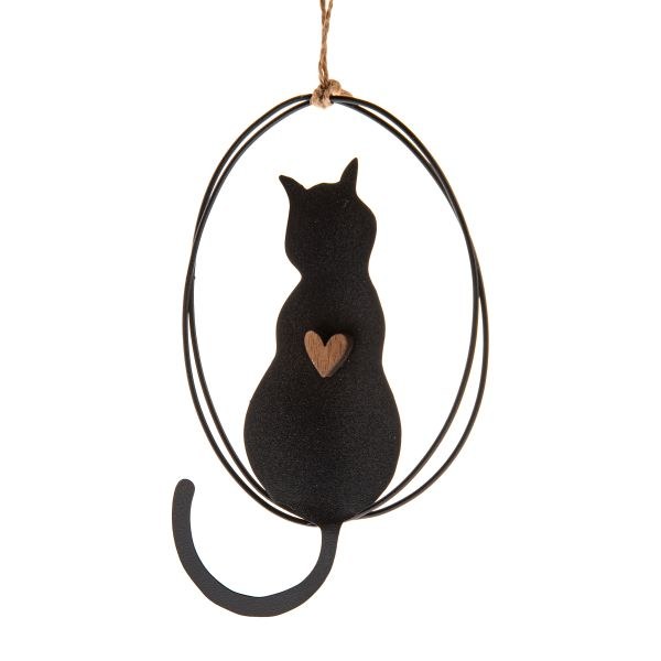 Dekorace Kočka se srdíčkem 10x16cm závěs., dřevo/kov