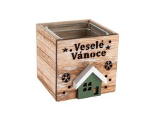 Svícen Veselé Vánoce 8,5x9cm natur, dřevo/sklo