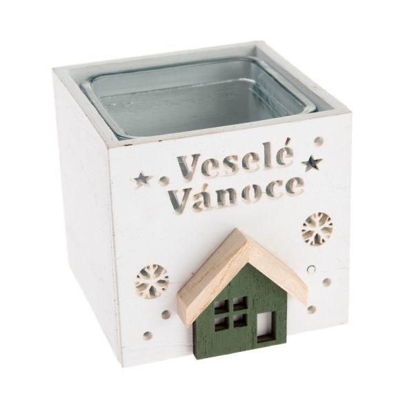 Svícen Veselé Vánoce 8,5x9cm bílý, dřevo/sklo - Domácnost a úklid Zima + Vánoce