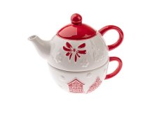 Konvička 380ml+šálek 450ml Vánoční červený lem, keramika