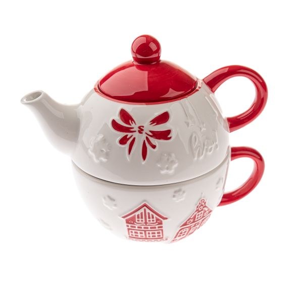 Konvička 380ml+šálek 450ml Vánoční červený lem, keramika - Domácnost a úklid Zima + Vánoce