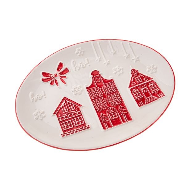 Talíř oválný 19x26cm Vánoční červený lem, keramika - Domácnost a úklid Zima + Vánoce