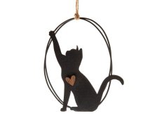 Dekorace Kočka se srdíčkem 11x13cm závěs., dřevo/kov