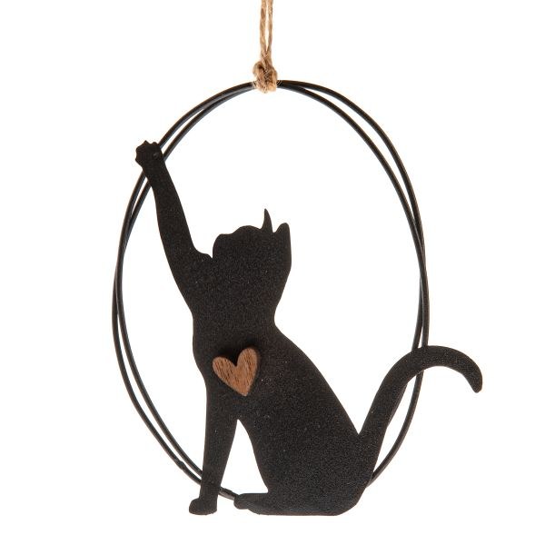 Dekorace Kočka se srdíčkem 11x13cm závěs., dřevo/kov - Domácnost a úklid bytové dekorace, textilní doplňky