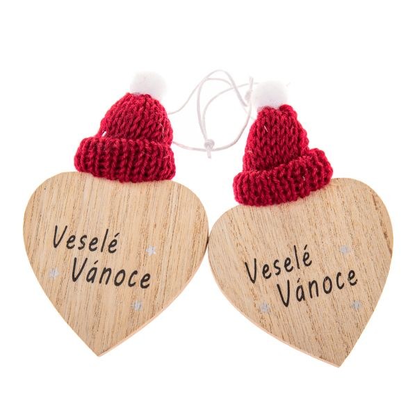 Sada srdíček 2ks Veselé Vánoce s čepičkou/červená, dřevo - Domácnost a úklid Zima + Vánoce