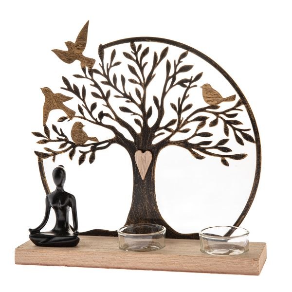 Svícen Buddha u stromu 23,8x23,5cm dřevo/kov - Domácnost a úklid bytové dekorace, textilní doplňky