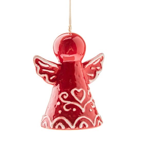 Zvonek Anděl 7,4cm červený závěs., keramika - Domácnost a úklid Zima + Vánoce