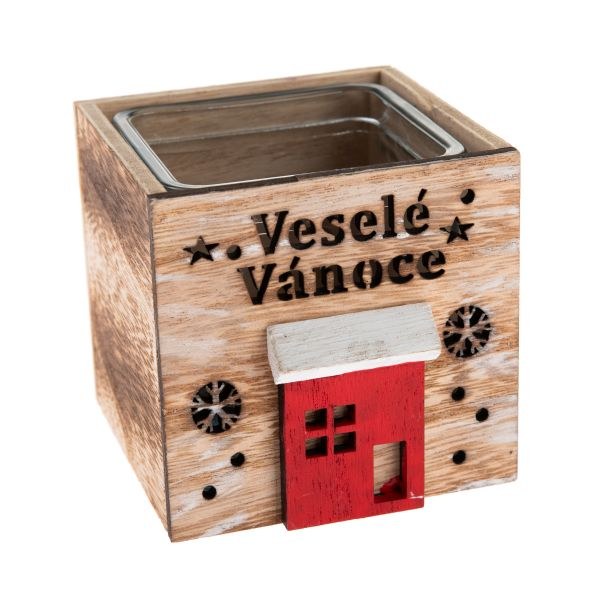 Svícen Veselé Vánoce 8,5x9cm natur, dřevo/sklo Svícen Veselé Vánoce 8,5x9cm natur, dřevo/sklo - Domácnost a úklid Zima + Vánoce