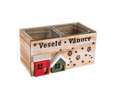 Svícen Veselé Vánoce 8,5x17cm 2x svíčka natur, dřevo/sklo