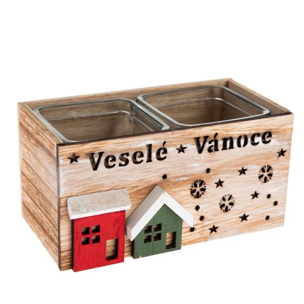 Svícen Veselé Vánoce 8,5x17cm 2x svíčka natur, dřevo/sklo Svícen Veselé Vánoce 8,5x17cm 2x svíčka natur, dřevo/sklo - Domácnost a úklid Zima + Vánoce