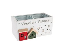 Svícen Veselé Vánoce 8,5x17cm 2x svíčka bílý, dřevo/sklo