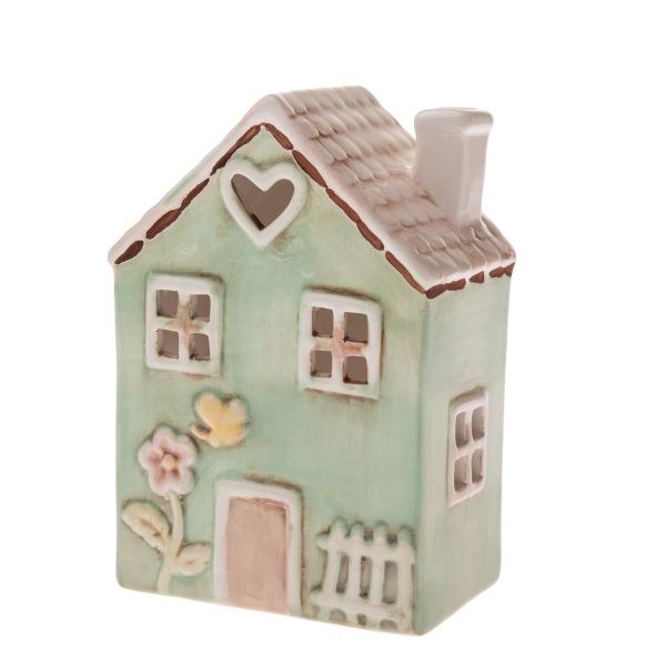 Svícen Domek 11,8x17cm zelený s květinou, keramika - Domácnost a úklid bytové dekorace, textilní doplňky