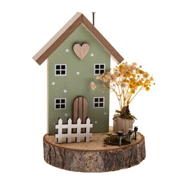 Domek s plotem 9,5x13cm zelený, dřevo - Domácnost a úklid bytové dekorace, textilní doplňky