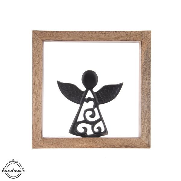 Anděl v rámečku 25,5x25,5cm černý kov/mangovník - Domácnost a úklid bytové dekorace, textilní doplňky
