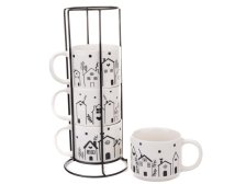 Sada hrnků Domky 4x290ml+stojan kov/porcelán