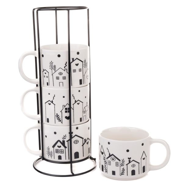 Sada hrnků Domky 4x290ml+stojan kov/porcelán - Kuchyně stolování