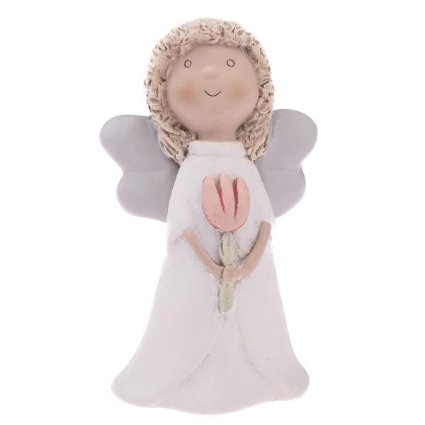 Anděl s tulipánem 16cm bílý, sádra