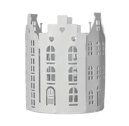 Svícen Domky pr.14cm bílý, sklo/kov